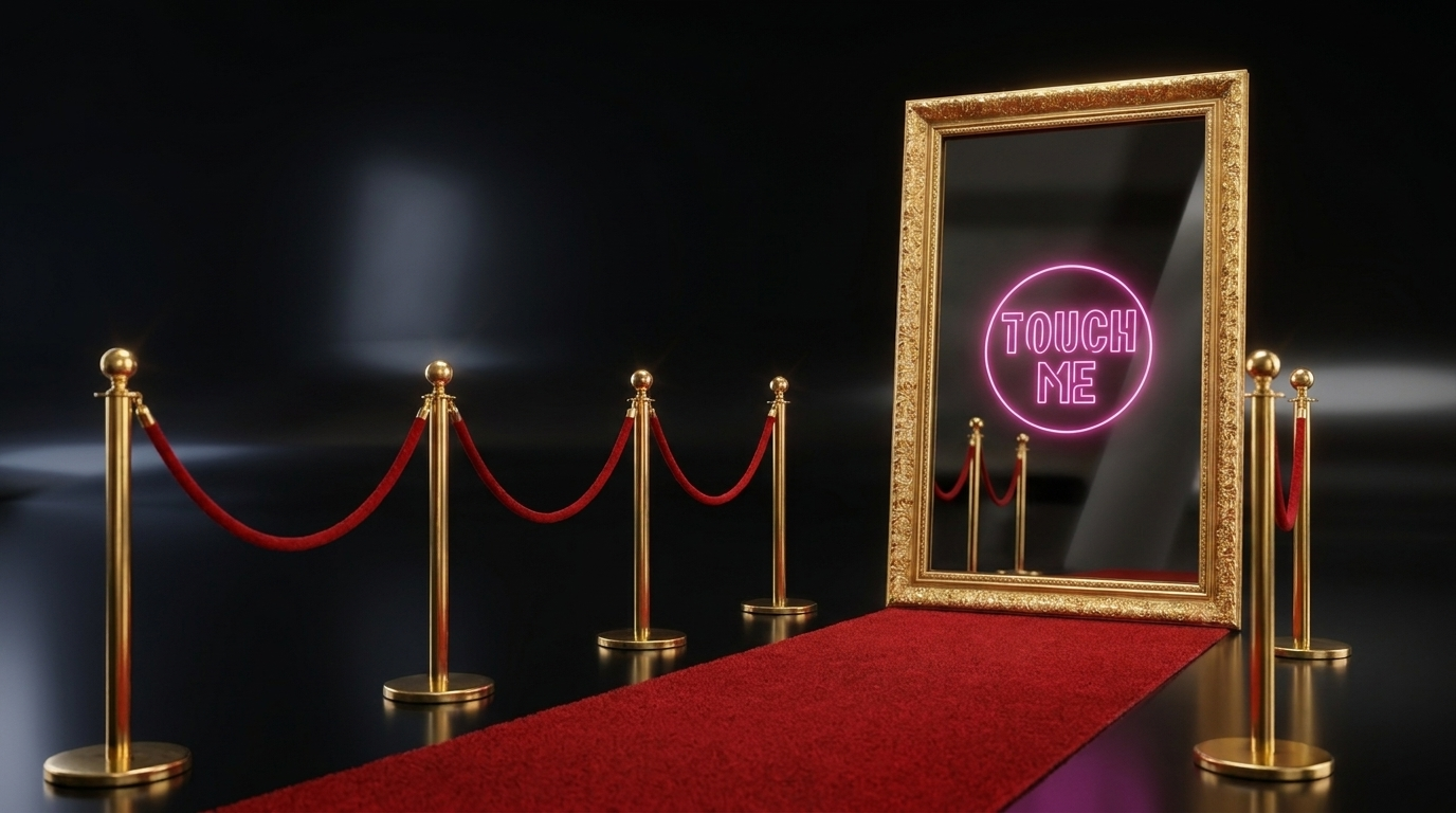 Magic Mirror Fotospiegel auf rotem Teppich mit goldenen VIP-Ständern